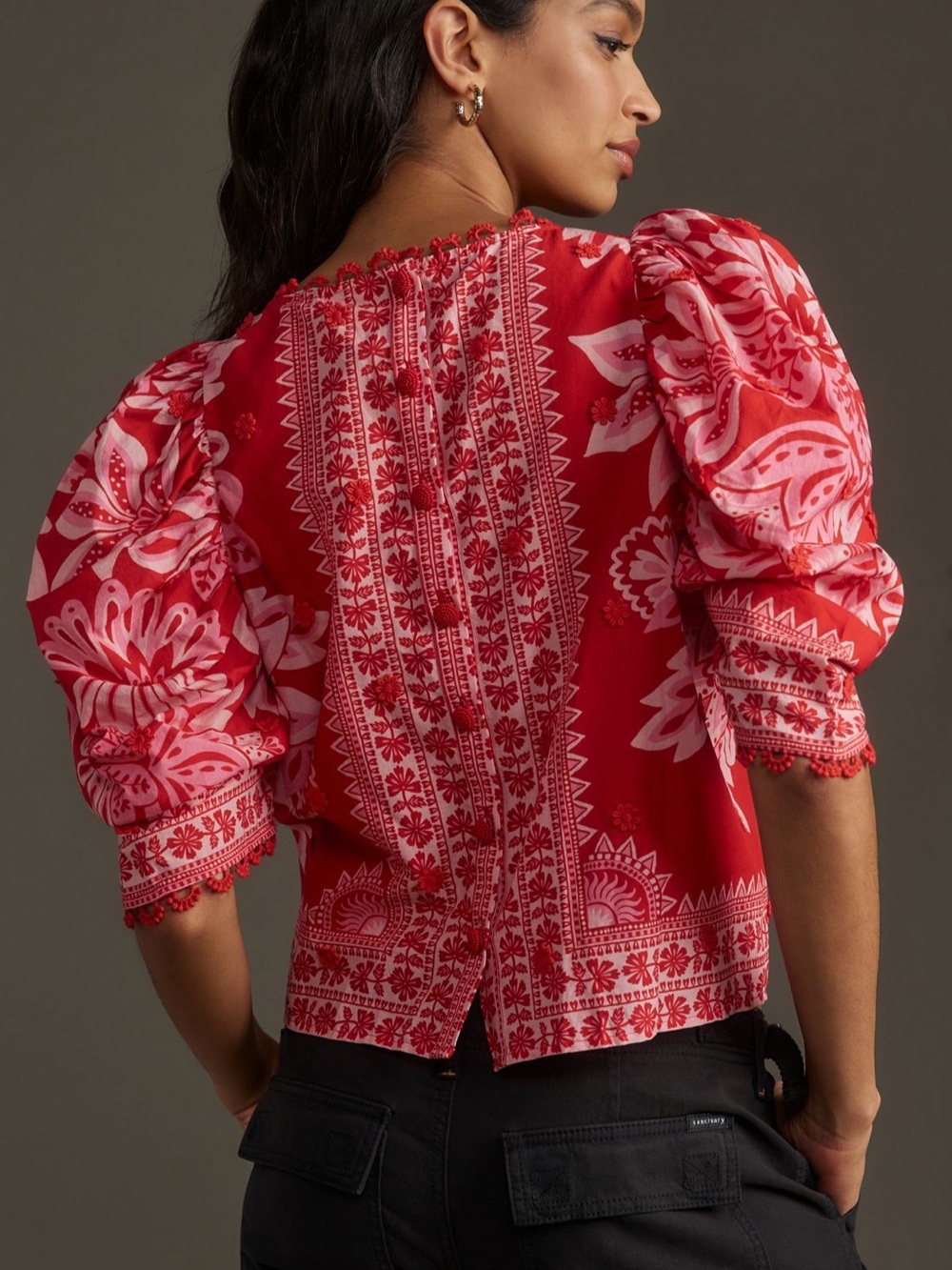 Farm Rio Flora Tapestry Blouse Puff Sleeve Peasant Boho Statement Bold Red XS - Picture 3 of 16